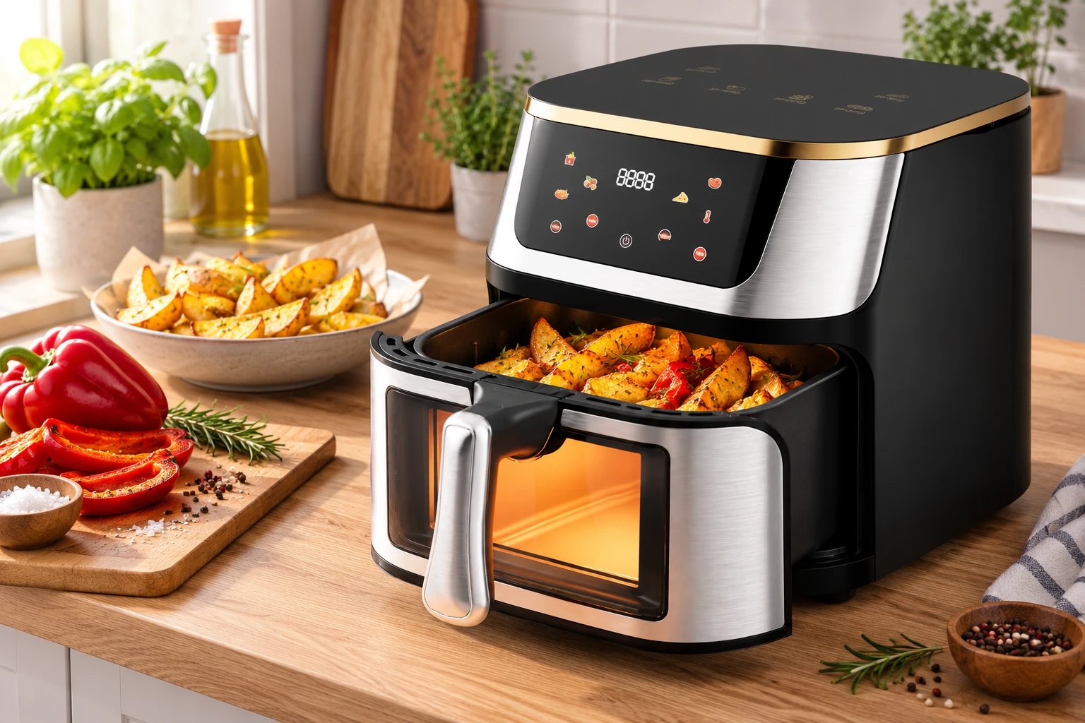 Детайл на Air Fryer Migliore с прозорец и сребриста предна част