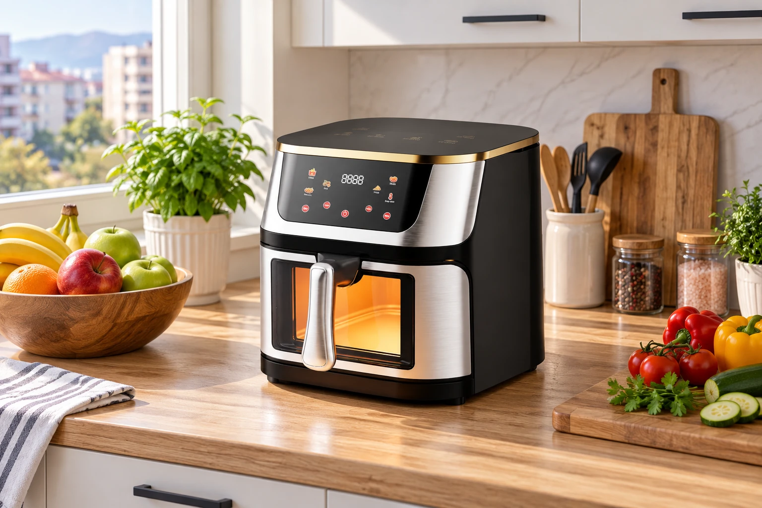 Air Fryer Migliore на стандартен кухненски плот, показващ размера му