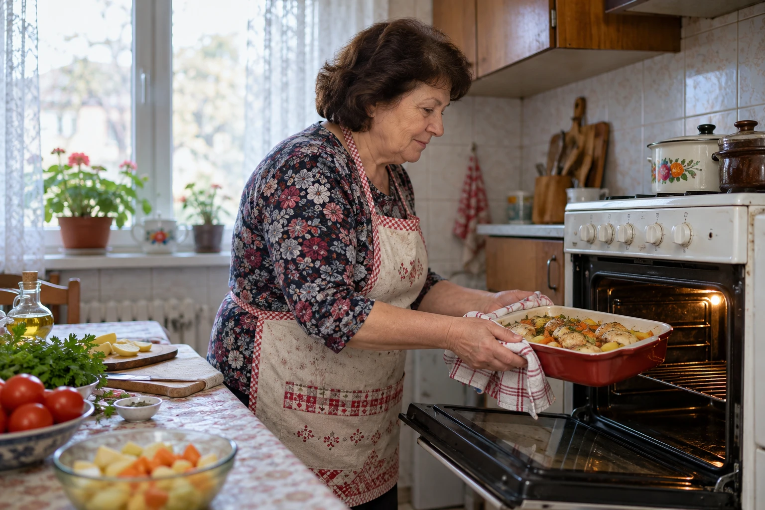 Жена приготвя вечеря в домашна кухня