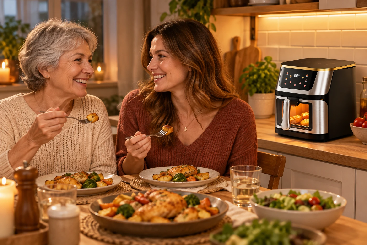 Майка и дъщеря споделят вечеря с Air Fryer Migliore в кухнята